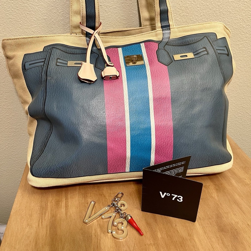 V°73 Canvas Trompe L' Oeil Designer Bag Print Blue Pink Lock & Key Charms Card